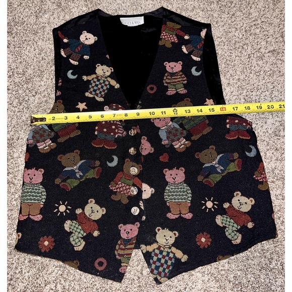 Vintage 90s Casey & Max Teddy Bear‎ Tapestry Vest Women's Black Button Front - Picture 3 of 6